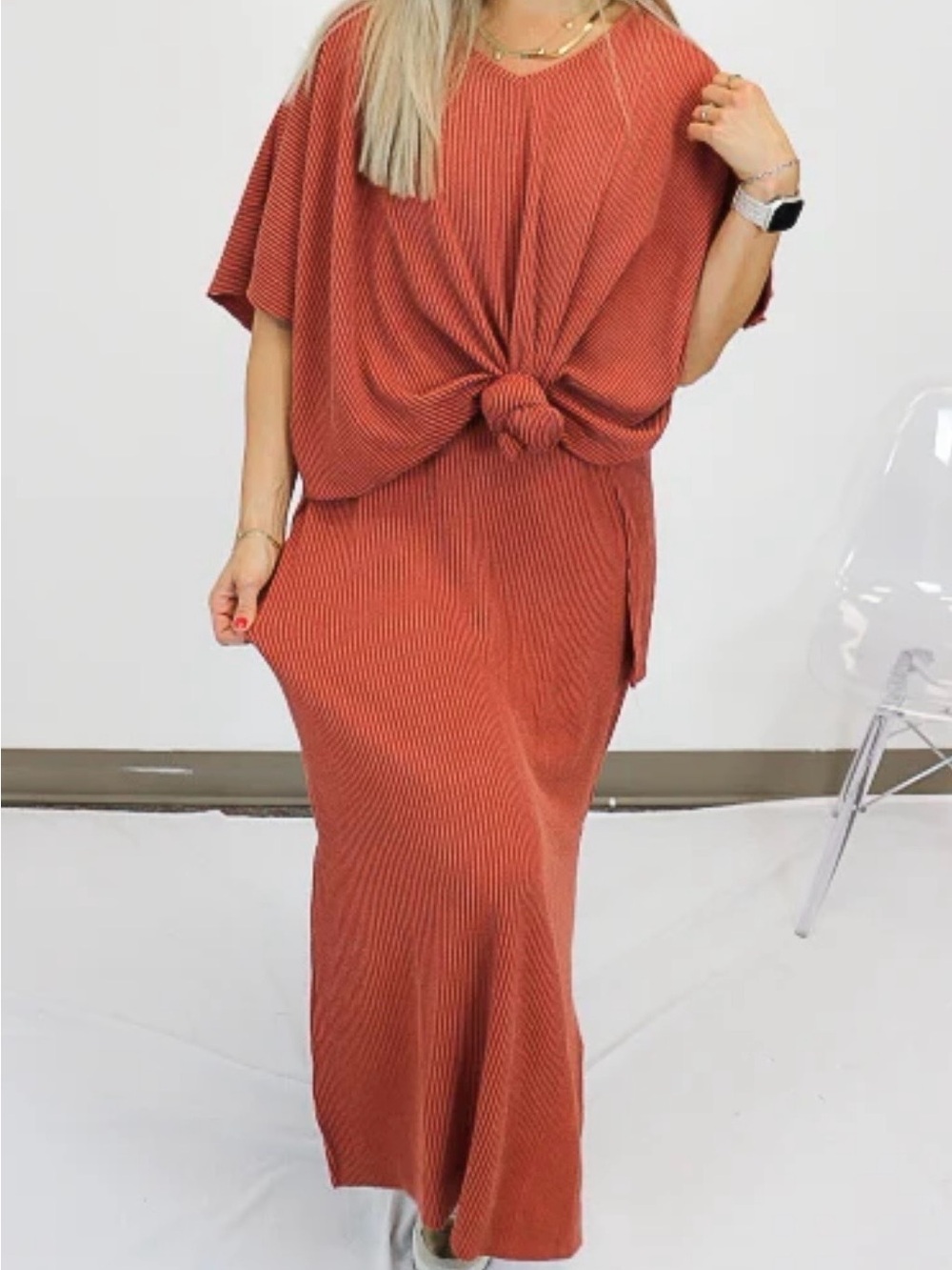Ribbed Slip Camisole Dress in Rust - Picture 2 of 4